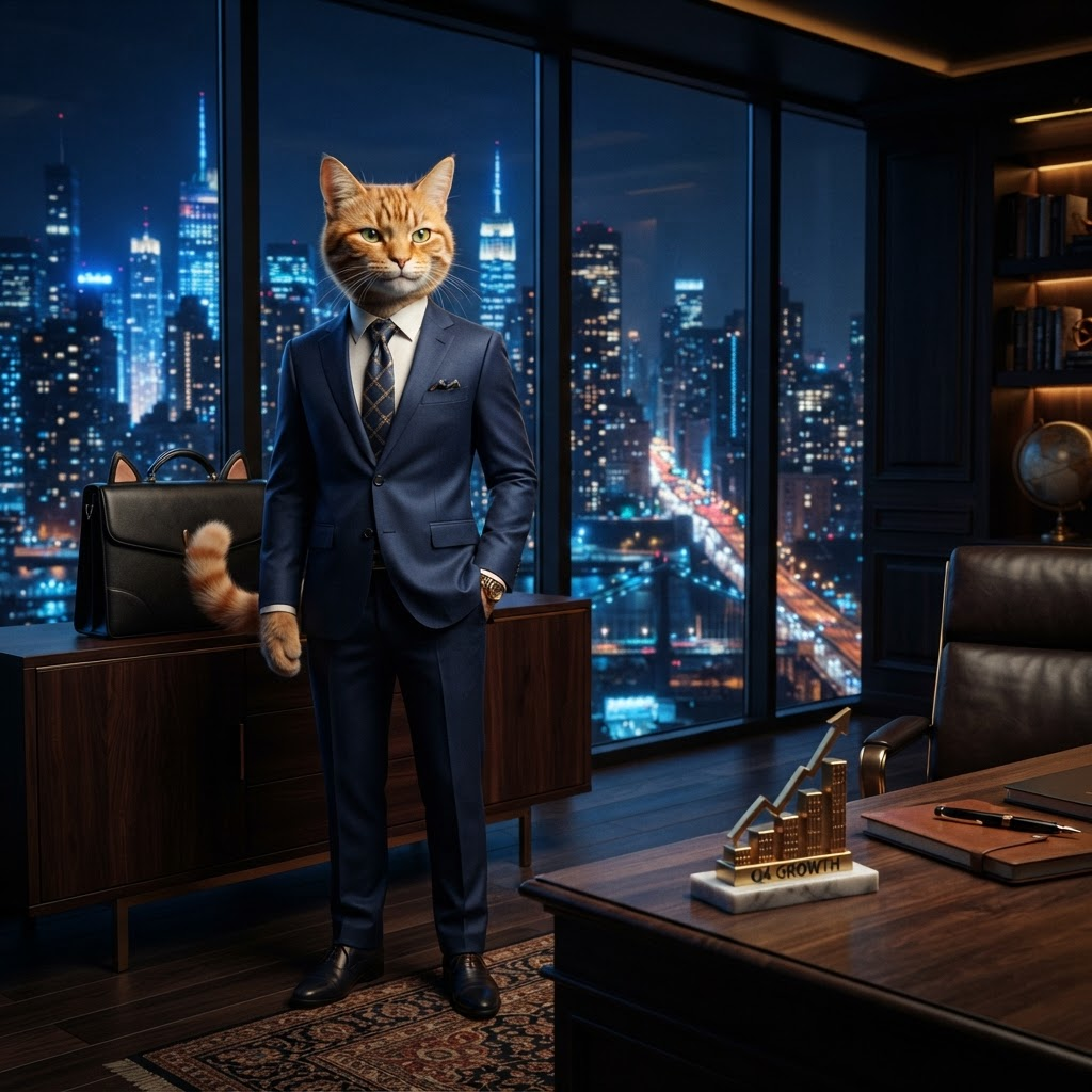 An anthropomorphic tabby cat in a navy business suit standing beside a briefcase with cat ears, with a glowing city skyline behind him and gold bar-chart trophies on the desk